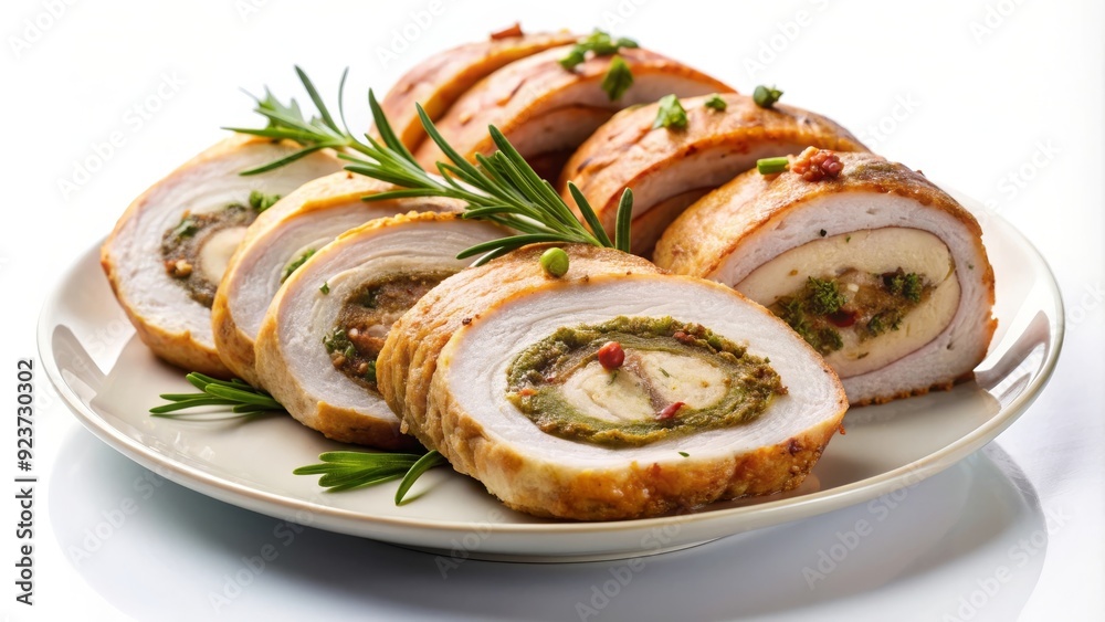 Rollo de pavo relleno con una mezcla de hierbas, espinacas y queso, cortado en rodajas y servido en un plato blanco, decorado con ramitas de romero fresco. Rollo de pavo relleno con una mezcla de hierbas, espinacas y queso, cortado en rodajas y servido en un plato blanco, decorado con ramitas de romero fresco.