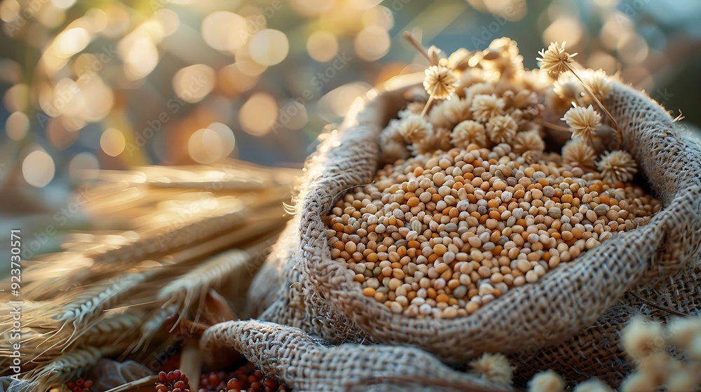 Organic grains such as millet, amaranth, and buckwheat artfully arranged on a rustic cloth, with the warm glow of morning light enhancing the rich textures and colors. Photorealistic, high-definition, Organic grains such as millet, amaranth, and buckwheat artfully arranged on a rustic cloth, with the warm glow of morning light enhancing the rich textures and colors. Photorealistic, high-definition,