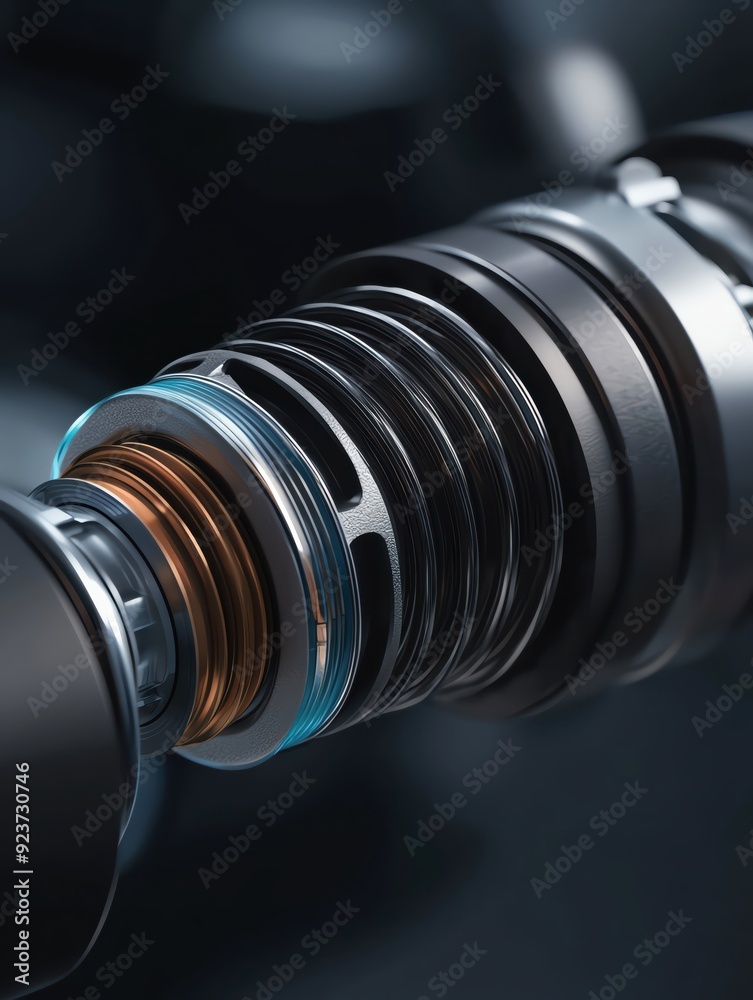 Close-up of a mechanical component showcasing intricate design and precision engineering in a modern setting. Close-up of a mechanical component showcasing intricate design and precision engineering in a modern setting.