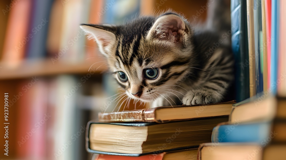 Kitten exploring a stack of books on a wooden bookshelf Kitten exploring a stack of books on a wooden bookshelf