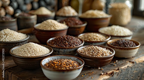 A beautifully arranged assortment of grains such as rice, barley, and quinoa in elegant ceramic bowls on a rustic wooden table, illuminated by warm, natural light from a nearby window. Detailed,