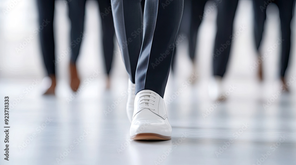 Close-up of a group of professionals walking, focusing on white shoes and formal attire, depicting teamwork, leadership, and corporate culture. Close-up of a group of professionals walking, focusing on white shoes and formal attire, depicting teamwork, leadership, and corporate culture.