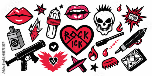 Doodle grunge rock set, hand drawn vector graffiti groovy punk print kit, emo gothic heart sign. Marker scribble sticker, crayon wax paint collage icon, gun, fire, knife, lips. Street grunge doodle