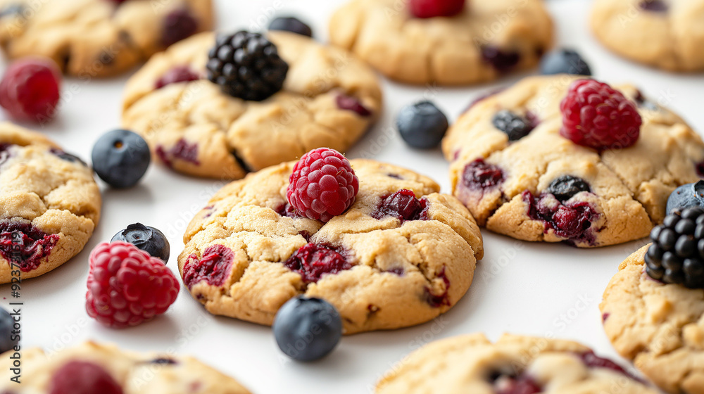 Assorted Freshly Baked Cookies Topped with Mixed Berries on White Background Assorted Freshly Baked Cookies Topped with Mixed Berries on White Background