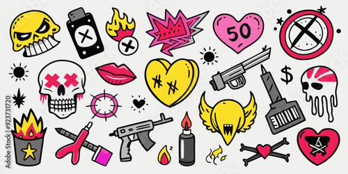 Doodle grunge rock set, hand drawn vector graffiti groovy punk print kit, emo gothic heart sign. Marker scribble sticker, crayon wax paint collage icon, gun, fire, knife, lips. Street grunge doodle