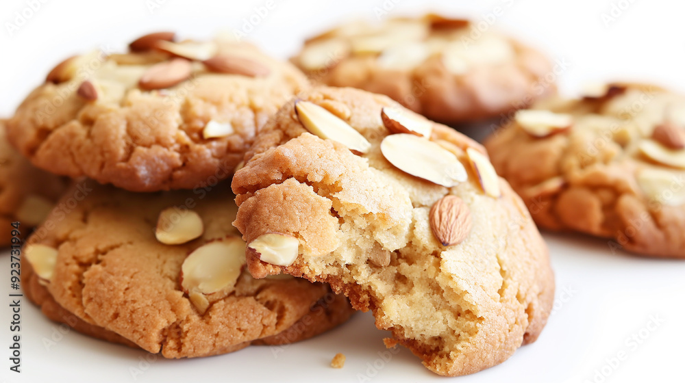 Golden Brown Almond Cookies with Whole Almonds on White Background Golden Brown Almond Cookies with Whole Almonds on White Background