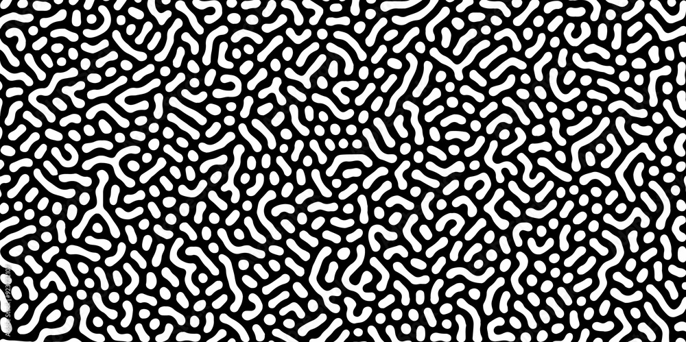 Abstract Turing organic wallpaper with background. Turing reaction diffusion monochrome seamless pattern with chaotic motion. Natural seamless line pattern. Linear design with biological shapes.
