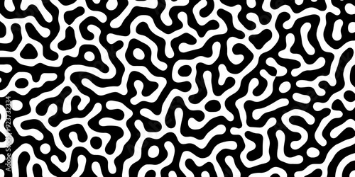 Abstract Turing organic wallpaper with background. Turing reaction diffusion monochrome seamless pattern with chaotic motion. Natural seamless line pattern. Linear design with biological shapes.