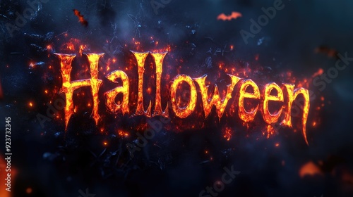 The word "Halloween" written in fiery, glowing text, set against a dark background with spooky elements like bats and a full moon, creating a chilling banner.