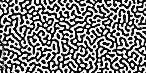 Abstract Turing organic wallpaper with background. Turing reaction diffusion monochrome seamless pattern with chaotic motion. Natural seamless line pattern. Linear design with biological shapes.