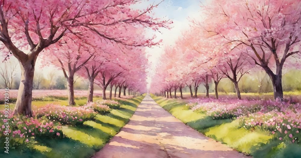Naklejka premium A picturesque path lined with blossoming cherry trees, creating a tunnel of soft pink petals. Perfect for spring-themed designs, romantic projects, or promoting travel to scenic destinations