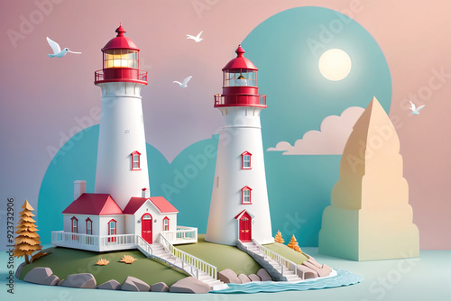 Artistic Representation of Two Lighthouses on a Coastal Island With Soft Sunset Background
