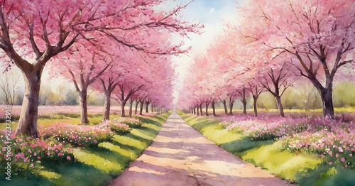 A picturesque path lined with blossoming cherry trees, creating a tunnel of soft pink petals. Perfect for spring-themed designs, romantic projects, or promoting travel to scenic destinations