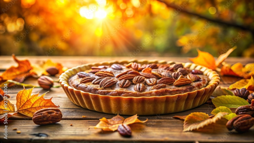 Pastel de nuez pecana al aire libre con hojas de otoño, capturado al atardecer con luz cálida. Pastel de nuez pecana al aire libre con hojas de otoño, capturado al atardecer con luz cálida.