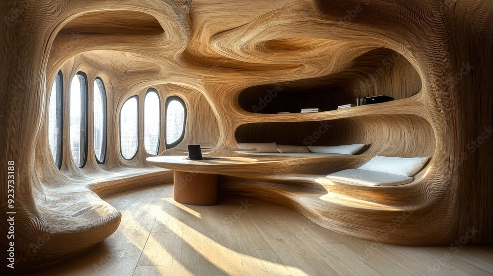 Modern Wooden Interior Design with Curved Walls and Windows Modern Wooden Interior Design with Curved Walls and Windows