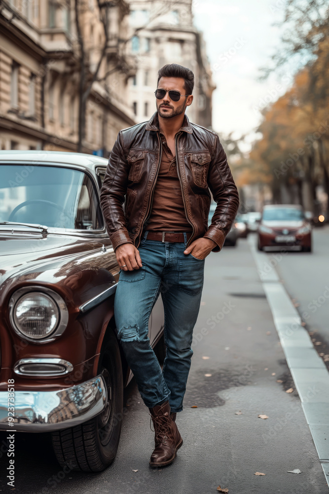 Stylish man in a modern casual yet refined outfit, featuring a leather jacket, slim-fit jeans, and boots, leaning against a vintage car. Stylish man in a modern casual yet refined outfit, featuring a leather jacket, slim-fit jeans, and boots, leaning against a vintage car.