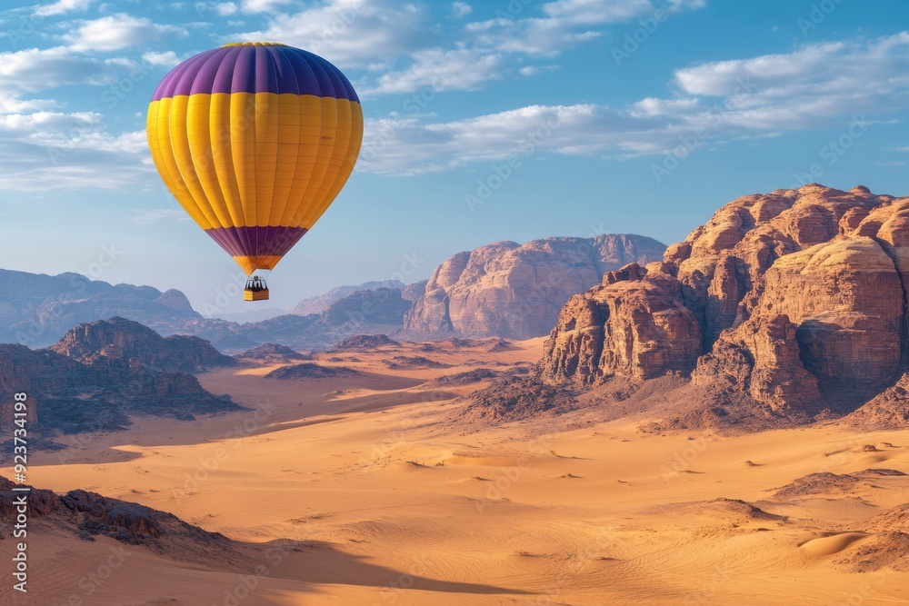 Obraz premium Hot Air Balloon Soaring Over a Desert Landscape