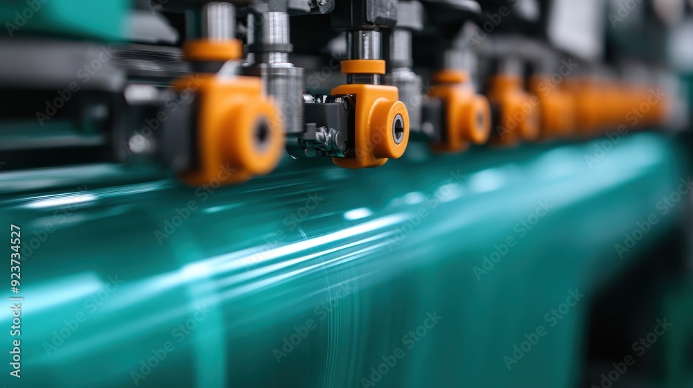 A detailed view of machinery's components alongside blue plastic material in a factory, representing modern manufacturing technology and industrial automation in production processes. A detailed view of machinery's components alongside blue plastic material in a factory, representing modern manufacturing technology and industrial automation in production processes.