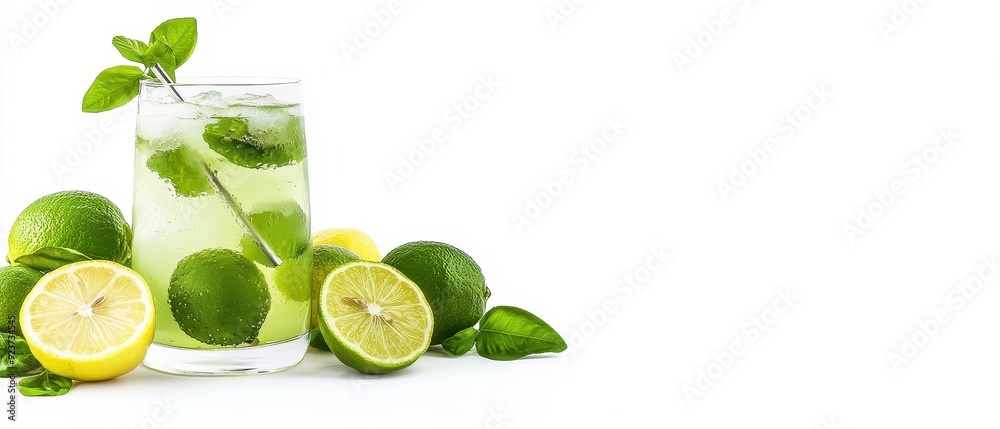 Refreshing lime beverage with mint garnish, surrounded by fresh limes and lemons. Perfect for summer and cocktail recipes. Refreshing lime beverage with mint garnish, surrounded by fresh limes and lemons. Perfect for summer and cocktail recipes.