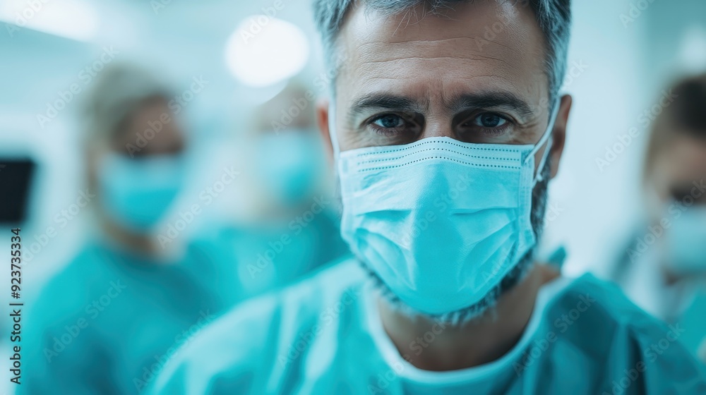 Image of a medical team performing surgery in a surgical room. The image focuses on one person dressed in surgical attire, with other team members in the background. Image of a medical team performing surgery in a surgical room. The image focuses on one person dressed in surgical attire, with other team members in the background.