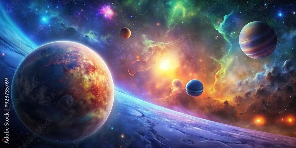 A detailed image of a vibrant planet surrounded by stars and nebulae , space, celestial, astronomical A detailed image of a vibrant planet surrounded by stars and nebulae , space, celestial, astronomical