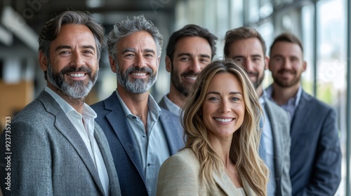 A group of six professionals stands shoulder to shoulder, radiating positivity and teamwork inside a contemporary office space