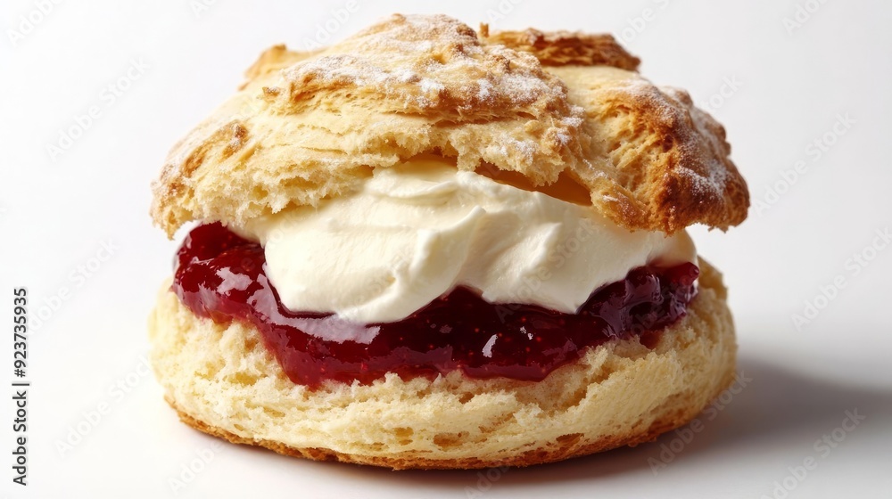 Realistic pastel illustration of a British scone with clotted cream and jam, Realistic pastel illustration of a British scone with clotted cream and jam,