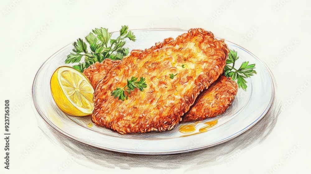 Detailed colored pencil sketch of a freshly cooked Wiener Schnitzel, golden-brown crispy coating European cuisine Realistic schnitzel on a white plate Detailed colored pencil sketch of a freshly cooked Wiener Schnitzel, golden-brown crispy coating European cuisine Realistic schnitzel on a white plate