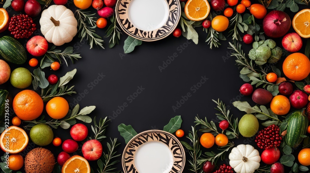 A vibrant display of fresh fruits and decorative plates, perfect for autumn gatherings and festive meals. A vibrant display of fresh fruits and decorative plates, perfect for autumn gatherings and festive meals.