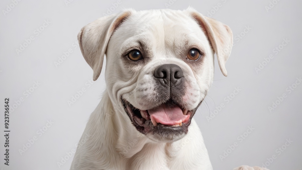 Portrait of White boxer dog on grey background Portrait of White boxer dog on grey background