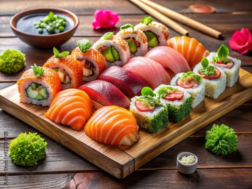 Artfully arranged selection of premium sushi rolls, sashimi, and nigiri, garnished with fresh wasabi and pickled ginger, on a sleek wooden platter. photo