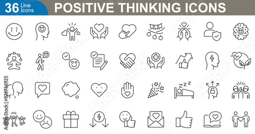 Positive thinking icons collection. Big UI line icon set. Sunshine, heart, open mind, thumbs up, happiness, growth arrow, loved and more. vector illustration.
