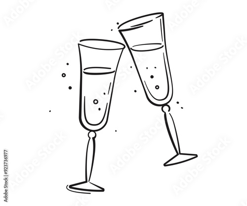Champagne glasses with fizzy beverage in doodle style. Alcohol and cocktail drink menu. Celebration, party, holiday symbol. Birthday party, anniversary, christmas, new year, wedding
