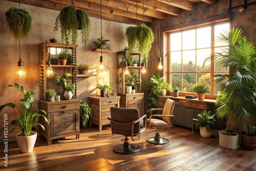 warm golden hour glow casting a flattering light on a natural and organic home salon setup with reclaimed wood and potted plants in earthy tones photo