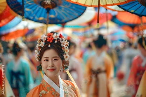 Portrait of a North Korean Woman in Traditional Attire Celebrating a Festival Outdoors. Capturing the Beauty and Pride of North Korean Culture During a Joyous Occasion. A Reflection of Ethnic Heritage