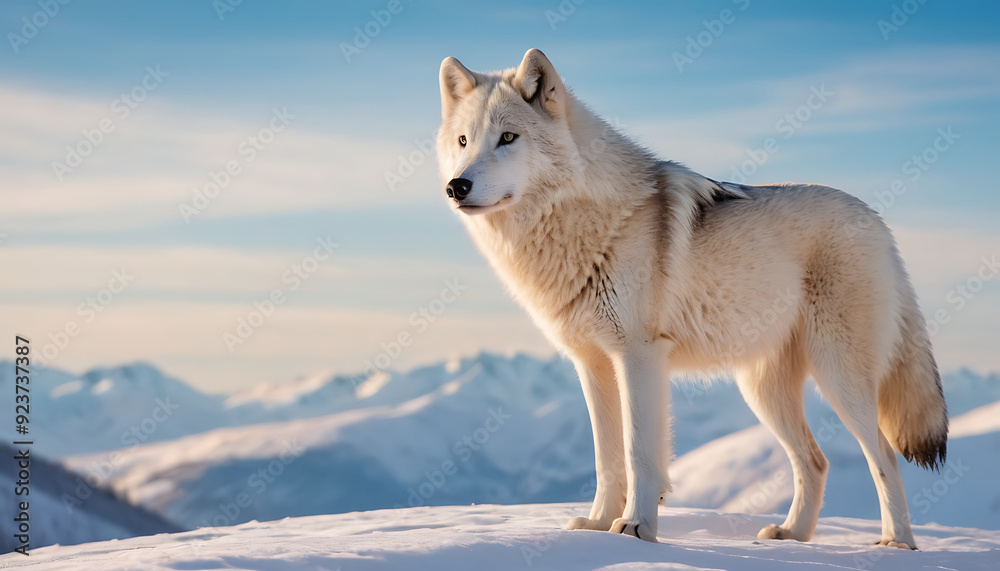 Obraz premium A majestic white wolf stands alert on a snow-covered mountain peak, gazing into the distance. Perfect for nature documentaries, wildlife publications, or winter-themed projects.