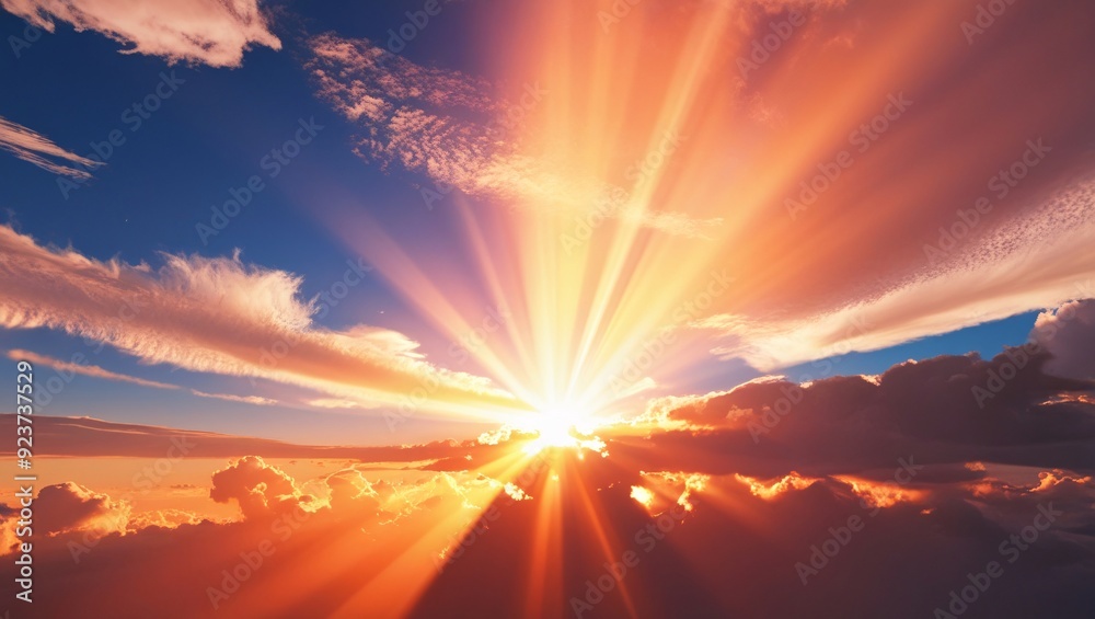 Fototapeta premium Sun rays in the blue sky above white clouds.