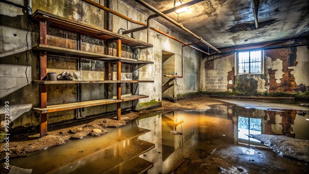 Water seeps through cracked concrete wall, forming puddles on damp floor, surrounded by rusty old pipes and decaying wooden shelves in a dimly lit basement. Water seeps through cracked concrete wall, forming puddles on damp floor, surrounded by rusty old pipes and decaying wooden shelves in a dimly lit basement.