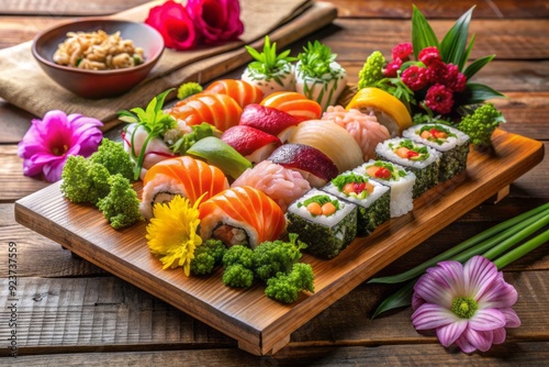 Vibrant, expertly arranged sushi platter with assorted rolls, sashimi, and garnishes, beautifully presented on a rustic wooden board with elegant linens and fresh flowers. photo