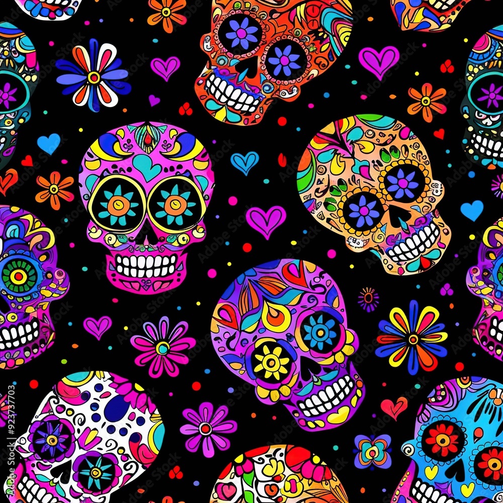 Fototapeta premium Seamless Pattern of Sugar Skulls with Colorful Floral Designs on Black Background, Bright and Vibrant Colors in Cute Cartoon Style, High-Resolution Digital Art