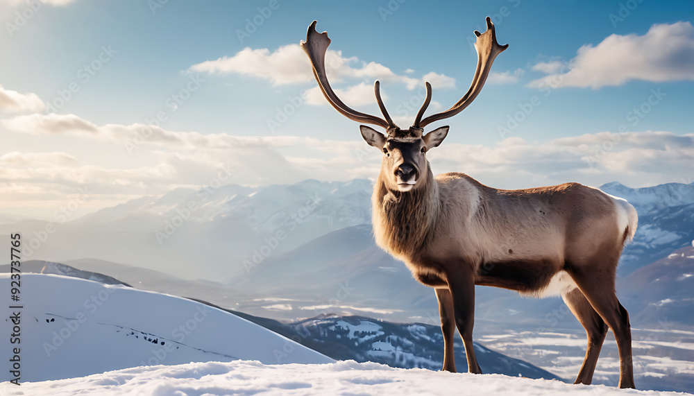 A majestic reindeer stands proudly against a backdrop of snow-covered mountains and a clear blue sky. Ideal for winter-themed projects, nature publications, or holiday cards. A majestic reindeer stands proudly against a backdrop of snow-covered mountains and a clear blue sky. Ideal for winter-themed projects, nature publications, or holiday cards.