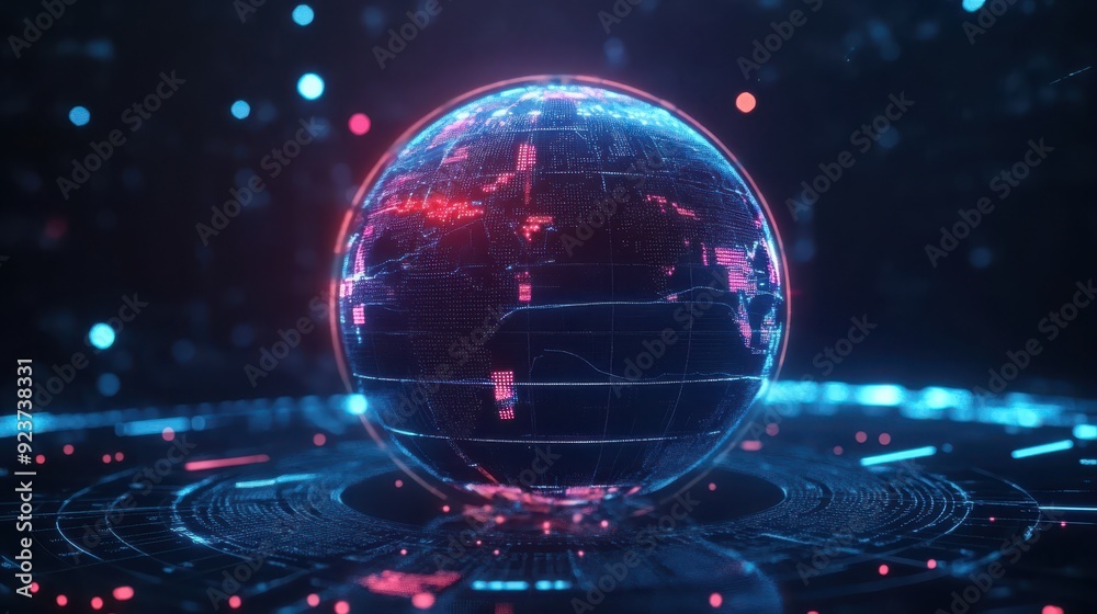 Fototapeta premium A glowing AI-powered predictive model visualized as a holographic globe with data points, symbolizing global forecasting and analysis, flat design illustration
