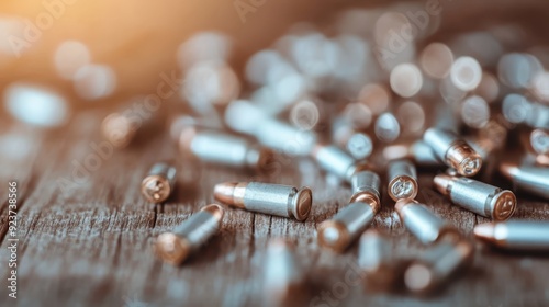 This image depicts an array of silver ammunition rounds scattered across a rustic wooden surface, highlighting the contrast between the shiny metal and the textured background.