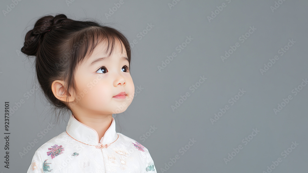 Side view of Chinese little girl wearing white dress isolated on gray Side view of Chinese little girl wearing white dress isolated on gray