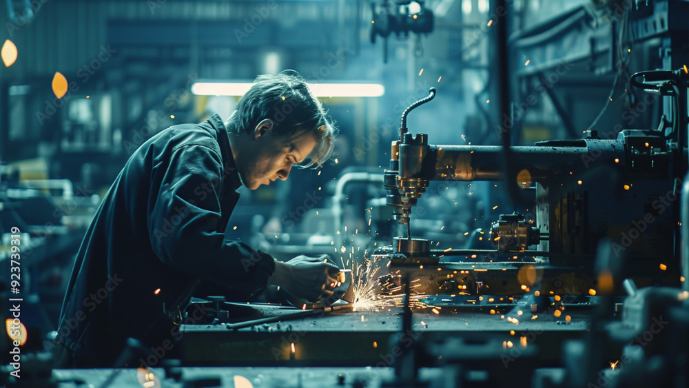 Worker in Heavy Industry Factory Grinding Metal Components, Detailed Machinery and Tools with Bright Sparks Illuminating the Scene