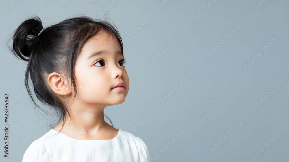 Side view of Indonesian little girl wearing white dress isolated on gray Side view of Indonesian little girl wearing white dress isolated on gray