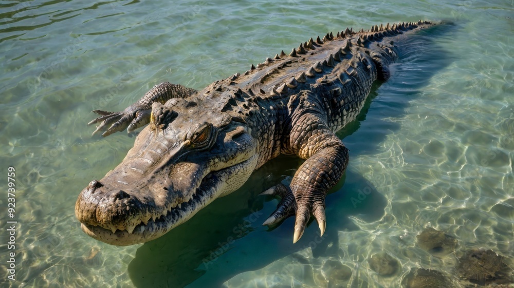 Big crocodile seen from above in shallow water Big crocodile seen from above in shallow water