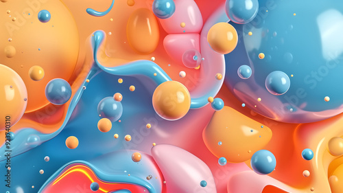 Colorful Abstract Background with 3D Fluid Shapes and Spheres in Vibrant Pastel Colors