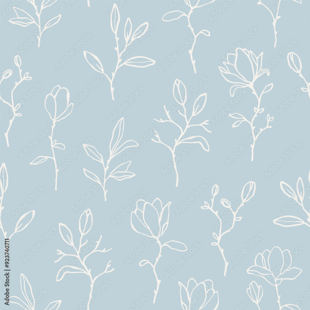 Fototapeta premium Hand drawn vector seamless pattern with magnolia flowers in pastel colors. Line art elegant botanical endless background for prints, wrapping paper, textile. Charming linear floral pattern