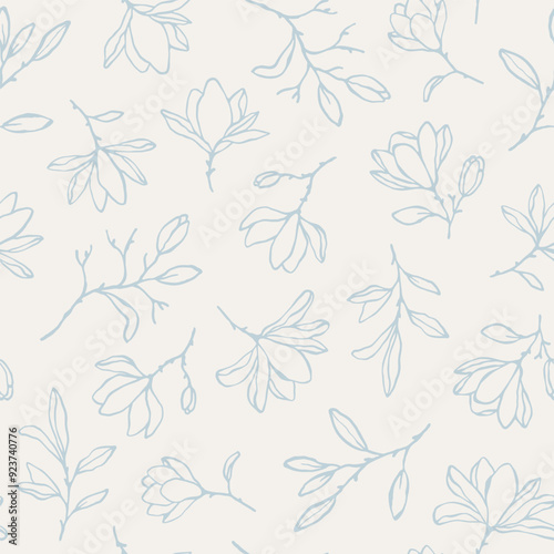 Seamless vector pattern with elegant magnolia flowers, branches and buds in pastel colors. Hand drawn line art botanical background for print, textile, wrapping paper. Lovely vector floral pattern